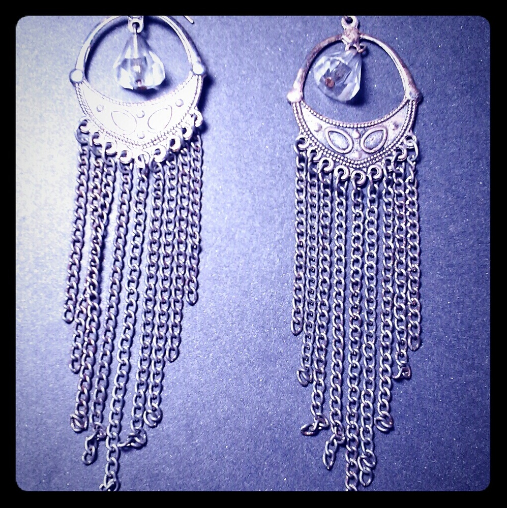 Earrings Chains Pierced Silvertone Gypsy Tribal
